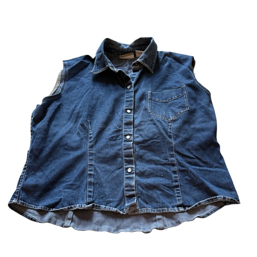 Vintage Liz Claiborne Denim Shirt Pearl Snap Button Down Sleeveless Western Top